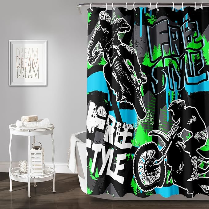 AILONEN Boys Motocross Hip Hop Shower Curtain,Dirt Bike Racer Waterproof Bath Curtain,Motorcycle Sport Curtain for Kids Men,Colorful Cartoon Shower Curtain 72" W x 72" H