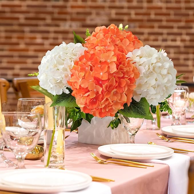 5Pcs 20Inch Orange Artificial Hydrangeas, Full Silk Flower Heads with Stem, Halloween Fake Hydrangea Flowers for Wedding Home Garden Centerpiece Floral Arrangements
