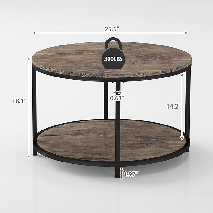 NSdirect Round Coffee Table, 25.6" Small Wood Coffee Table for Living Room, Rustic Modern Farmhouse Style, 2-Tier Storage Shelf Compact Space-Saving Design for Small Spaces, Walnut