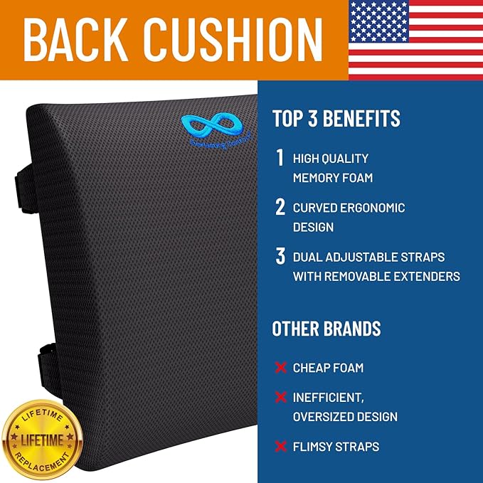 Everlasting Comfort Lumbar Support Pillow for Office Chair - Memory Foam Back Cushion for Chair, Car, Couch - Lumbar Pillow Promotes Better Posture, Back Pain Relief - Ideal for Gaming and Desk Chairs