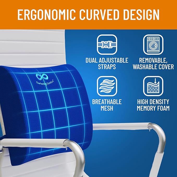 Everlasting Comfort Lumbar Support Pillow for Office Chair - Memory Foam Back Cushion for Chair, Car, Couch - Lumbar Pillow Promotes Better Posture, Back Pain Relief - Ideal for Gaming and Desk Chairs