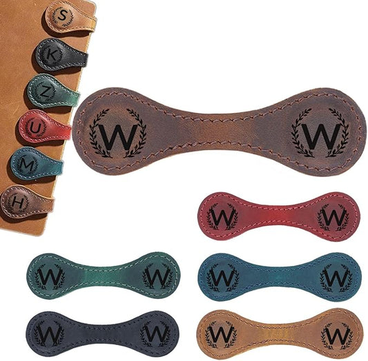 Magnetic Leather Bookmark with 26 Initial for Reading Women,Personalized Magnet Book Marks Gifts for Men,Book Lovers (Dark Brown, W)