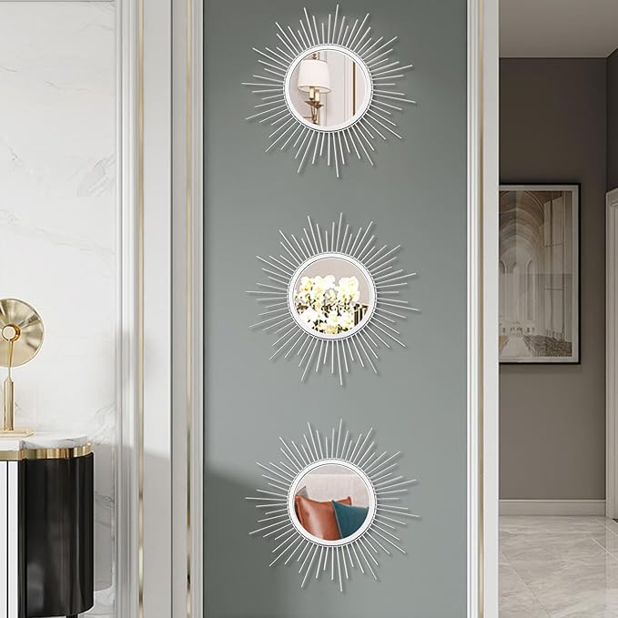 3 Pack Metal Mirrors for Wall Sunburst Wall Mirrors Home Décor Decorative Hanging Wall Art for Living Room Bedroom Entryway (Silver, Sunburst)