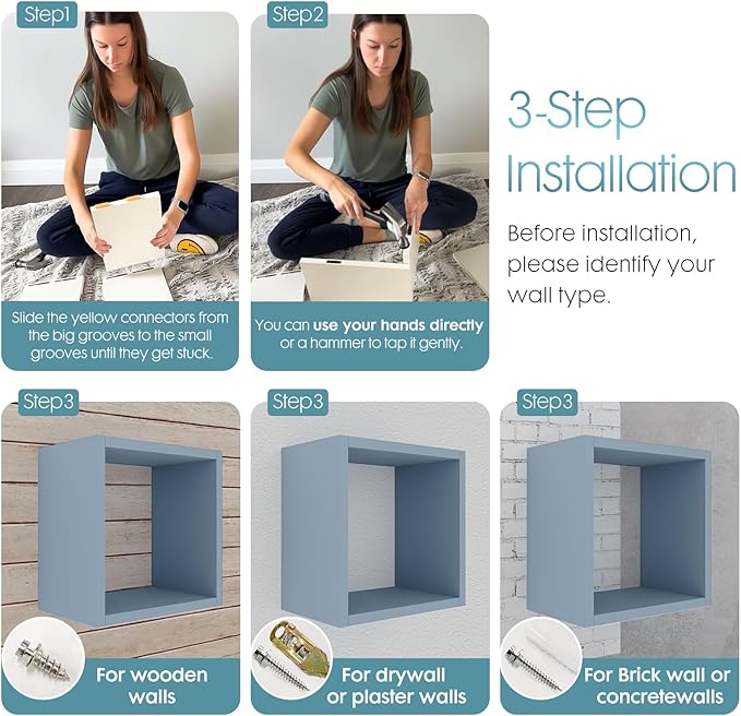 Kaboon Cube Floating Shelves Set2, Display Shelves Wall Mount 7.75" D x 12.5" W x 12.5" H, (Greylish Blue, Square 2 Cubes)