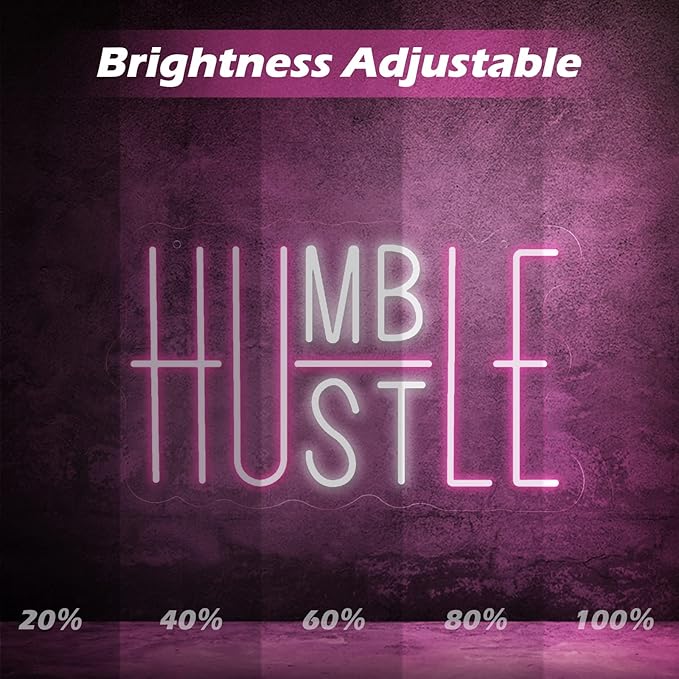 Hustle LED Neon Sign for Wall Decor, Humble LED Neon Lights for Party Decorations, USB Powered Switch Adjustable Brightness Lights, for Office Room, Gym Room, Man Cave Decor (Pink&White)