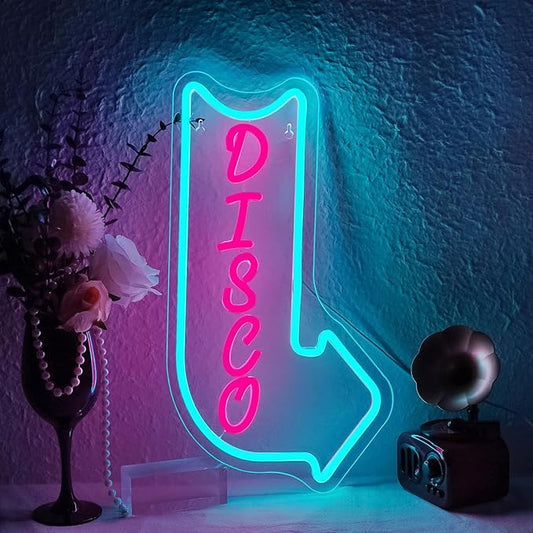 Looklight Disco Neon Signs for Wall Decor Pink Blue LED Word Light Sign Right-Pointing Arrow Neon Light USB Light Up Letters Sign for Disco Lover Music Bar Music Studio Rec Room Bedroom Party Decor