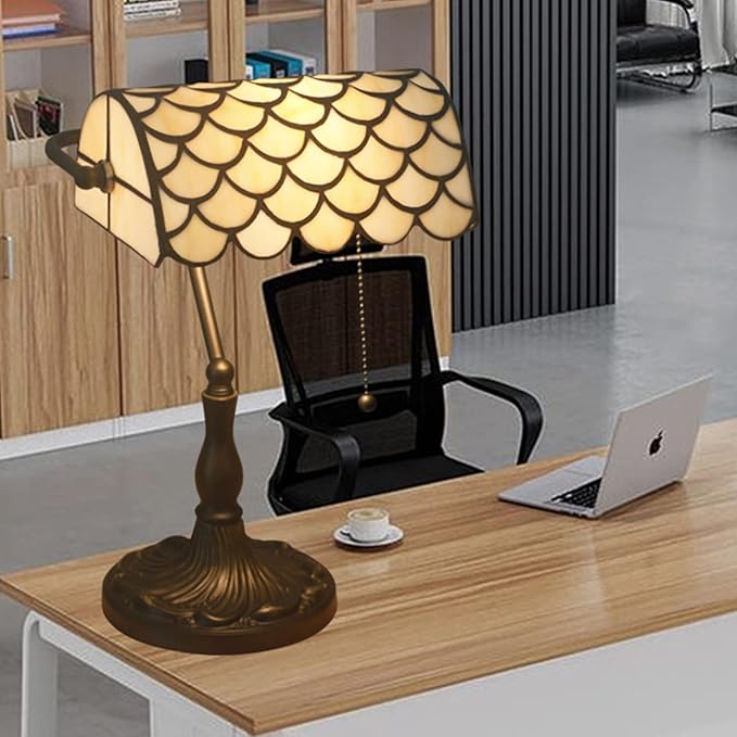 Tiffany Style Bankers Table Lamp Stained Glass Piano Desk Lamp Vintage Bedroom Bedside Lamp for Study,Antique Alloy Base,Zipper Switch,Green d