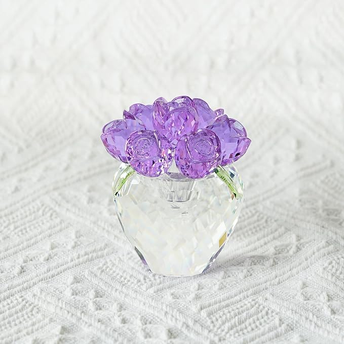 Crystal Flower Figurines - Glass Rose Home Decor - Flower Bouquet for Ladies Gifts(Purple)