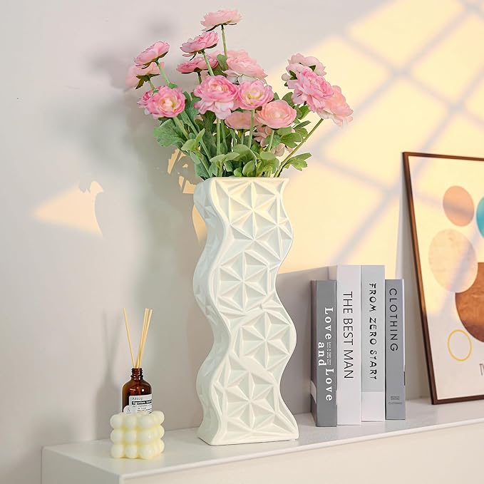 Modern White Ceramic Tall Vase, 15.94" Decorative Centerpiece for Living Room, Shelf, Table - Minimalist Twisted Design, Home Decor Flower Vase for Creative Displays