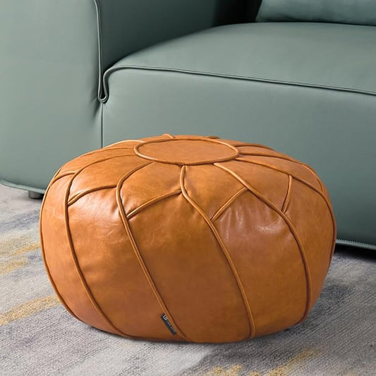 Louis Donné Unstuffed Pouf Cover, Round Foot Stool Ottoman for Foot Rest, Storage Bean Bag Floor Chair, Waterproof Faux Leather Pouffe, Footstool for Living Room, Kids Room or Bedroom (Yellowish)