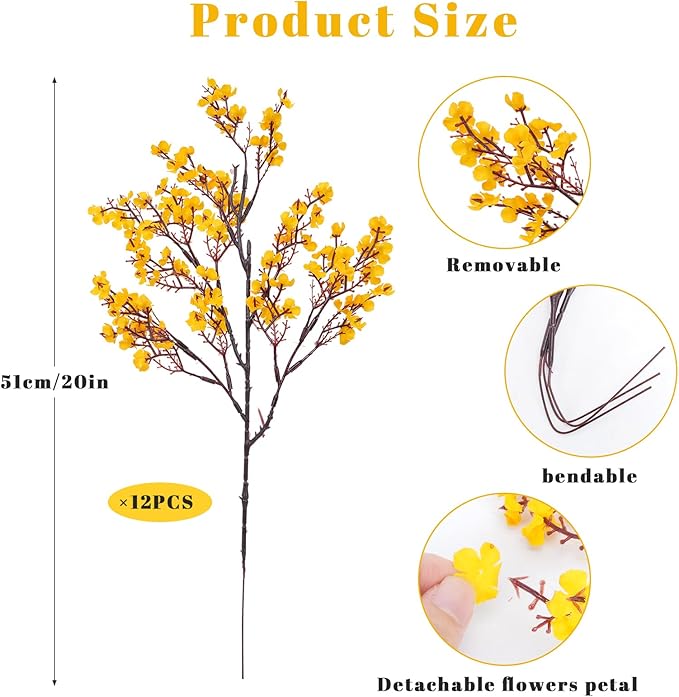 AILANDA 12 PCS Artificial Fall Flowers Babys Breath Orange Yellow Real Touch Silk Floral Arrangement Gypsophila Flowers for Home Wedding Table Centerpiece Fireplace Vase Filler Autumn Decor