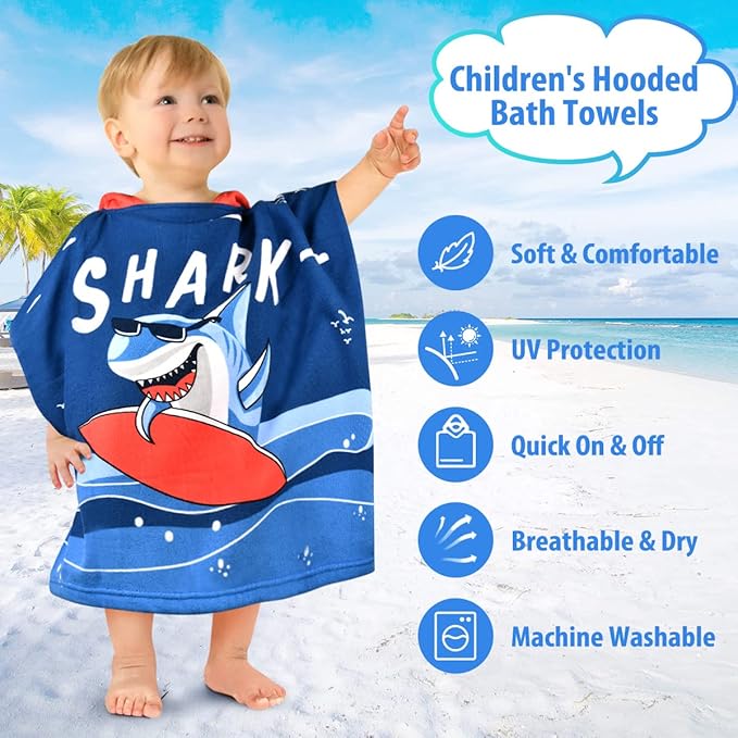 HUANLANG Kids Hooded Beach Towel for Boys Girls,Bath Pool Beach Poncho Towels Super Soft & Absorbent Cotton Towel Childrens Shark Beach Towels for Toddler 2-6 Years Old