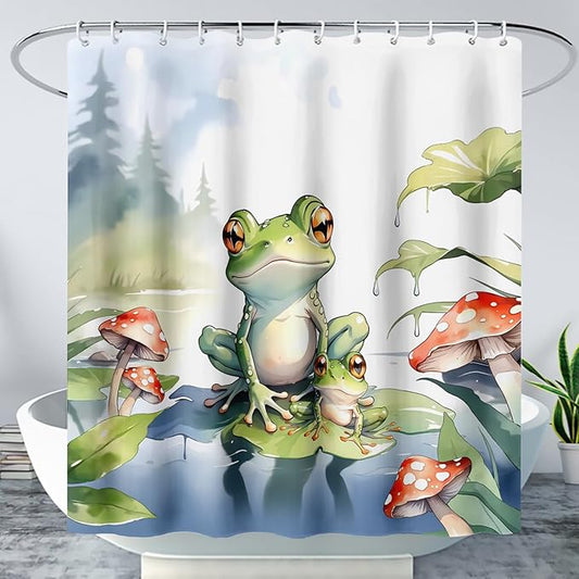 AILONEN Cartoon Frog Shower Curtain,Cute Green Frog Amphibious Animal Waterproof Fabric Bath Curtain for Kids Girls Boys,Red Mushroom Shower Curtain Set for Bathroom with Hooks,72" W*84" H