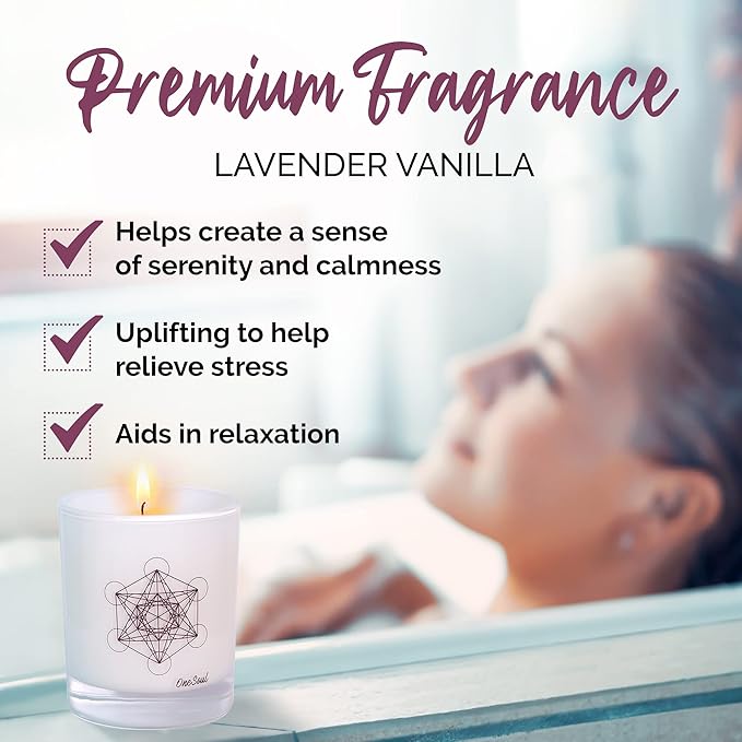 Lavender Vanilla Aromatherapy Candle, Floral Scented Candles, Luxury Candles Scented with Metatron’s Cube Symbol, Hand-Poured Soy Candle, 50 Hours Long Time, 7.6 oz. - OneSoul Collection