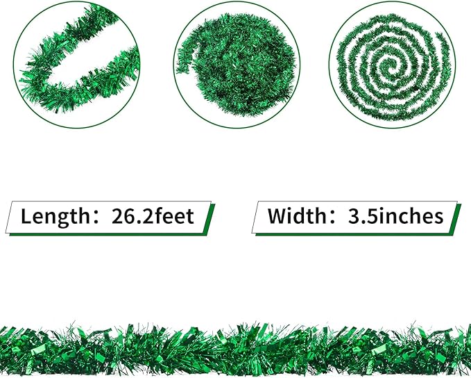 26.2 Feet Green Holiday Tinsel Garland for Graduation, Birthday, Weddings, Party Decorations, Christmas, Patriotic Foil Tinsel Garland for All-Season Home Indoor Outdoor Party Supplies(Green)