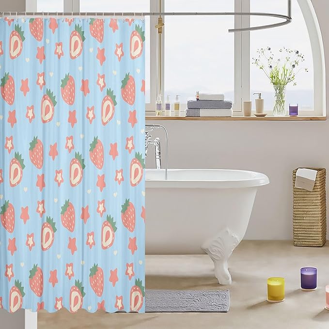 Feelyou Blue Strawberry Bathroom Waterproof Accessories with 12 Hooks Kawaii Fruit Shower Curtain for Kids Boys Girls Cute Stars Strawberry Fabric Shower Curtain Kawaii Lovely Curtains,72x84 Inches