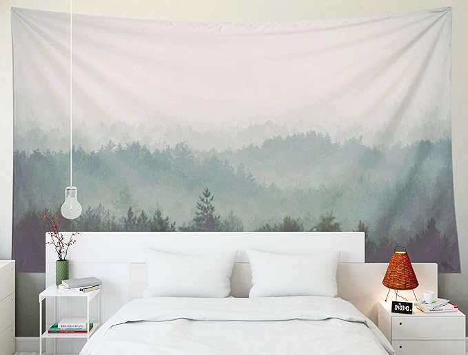 EMMTEEY Grey Misty Forest Mountain Tapestry - Large Wall Tapestry 80x60 Inches for Bedroom & Living Room Decor