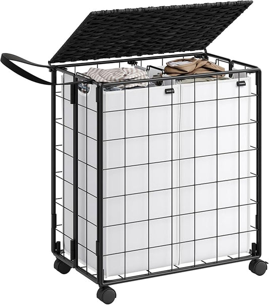 SONGMICS Laundry Hamper, 110L Laundry Basket with Lid, Clothes Hamper with Wheels, Collapsible Removable Liner Bag, Iron-Made Laundry Sorter, Ink Black and Cloud White ULCB211B12