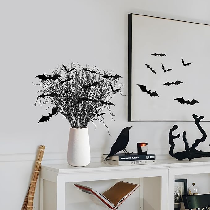 21Pcs Halloween Decorations Black Artificial Branches Picks Decor Berry Stems Tree Glittery Curly with 24Pcs Bats for Flowers Arrangement Floral Bouquet Vase Party Supplies