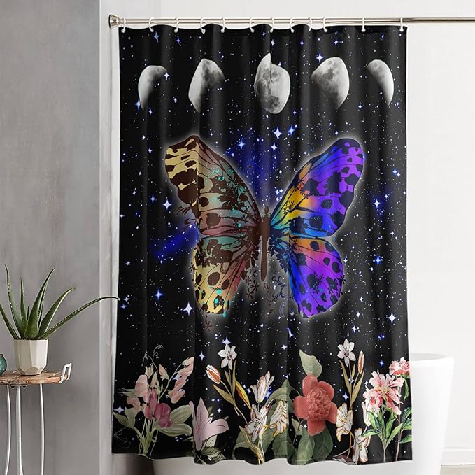 AILONEN Colorful Moth Shower Curtain,Sun and Moon Shower Curtain Set for Kids Girls Boys,Boho Natural Flowers Bath Curtain,Starry Night Bathroom Decor Shower Curtain with 12 Hooks,48" W*72" H