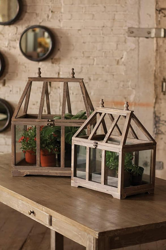 Kalalou Set of Wood and Glass Terrariums, One Size, Brown