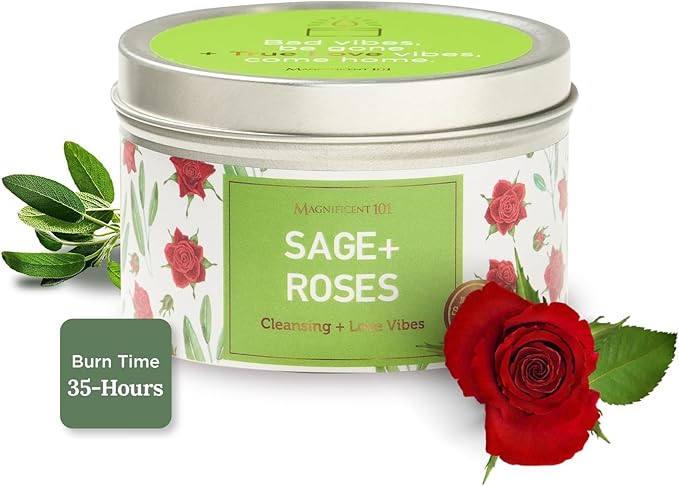Magnificent 101 Long Lasting Sage + Roses Scented Candle | 6 Oz - 35 Hour Burn | Paraffin Free Soy Candle for House Energy Cleansing, Positive Romantic Aura & Manifestation
