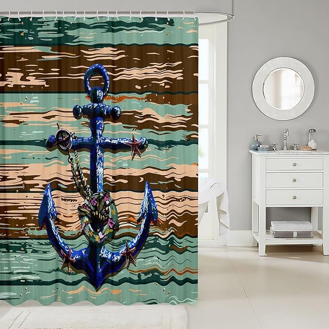 Feelyou Anchor Shower Curtain Wooden Rustic Fabric Shower Curtain for Kids Boys Girls Sea Adventure Bathroom Waterproof Accessories with 12 Hooks Ocean Theme Curtains,72x84 Inches