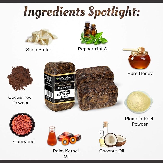 It's Pure Natural African Black Soap Bars Original (Pack of 3) Organic Raw Soap for Face & Body, Acne Treatment & Dark Spot Remover [Made in Ghana]