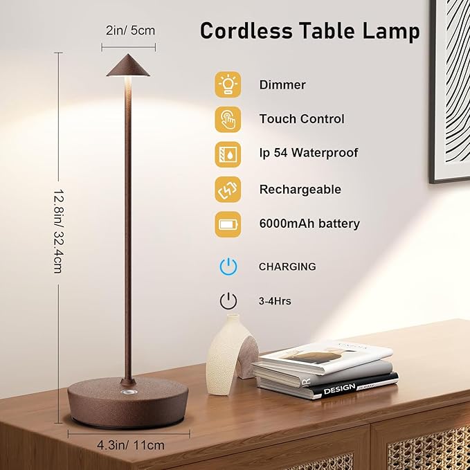 Rechargeable Cordless Table Lamp, 6000mAh LED Battery Operated Desk Lamp Touch 3 Color Stepless Dimming Portable Outdoor Waterproof Table Light for Patio/Restaurant/Dining/Home (Rust)