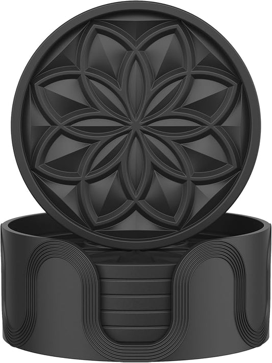 HFHOME Silicone Coasters Set with Holder - 6 Pack Drink Coasters for Coffee Table, Bar, Desk - Tabletop Protection Gift - Black