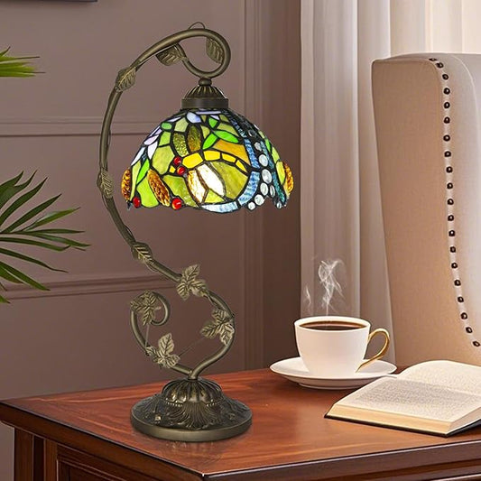 Tiffany Lamp,21x11x8 inches Stained Glass Lamp,Dragonfly Tiffany Style Table Lamp with Three-Color Dimming for Bedside Table,Dining Table,Antique Office