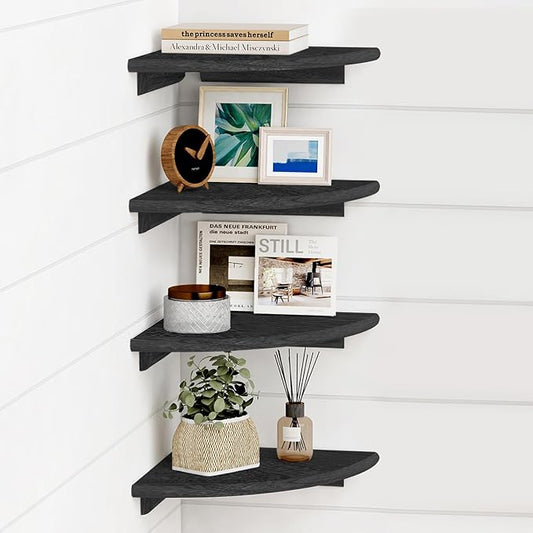 Forbena Black Corner Floating Shelves for Wall Set of 4, Small Rounded Corner Shelves Wall Mount for Bedroom Books, Mini Wood Hanging Corner Shelf for Bathroom Decor, Living Room, Small Spaces
