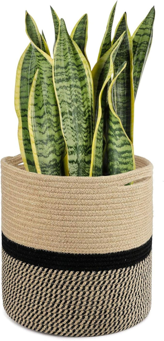 TIMEYARD Sturdy Jute Rope Plant Basket Modern Woven Basket for 11" Flower Pot Floor Indoor Planters, 12.5'' x 12.5'' Storage Organizer Baskets Rustic Home Decor, Black and Beige Stripes