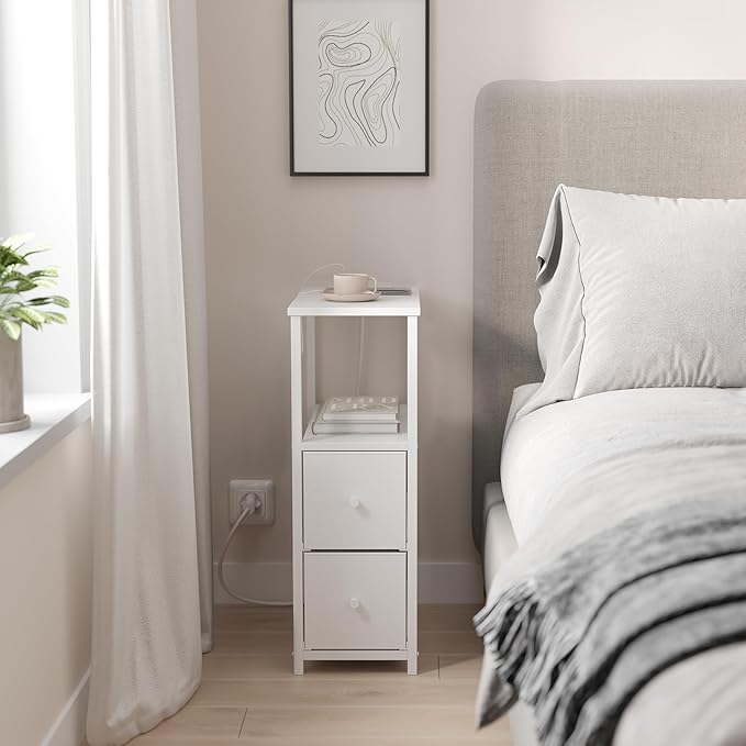 TUTOTAK Small Narrow End Table with Charging Station, Set of 2, Side Table with Outlets, Nightstand with 2 Cloth Drawers, Couch Table, for Living Room, Bedroom, Bedside, White TB01BW055