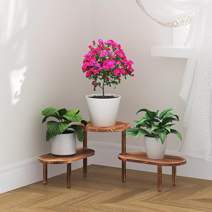 Convex Plant Stand Indoor,3 Tier Wooden Plant Holder Deformable Long Flower Pot Stand Corner Low Plant Shelf for Patio Balcony Living Room Office