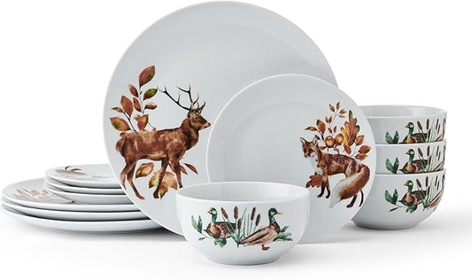 Studio Nova Woodland Wonders Lodge 12 Piece Dinnerware Plate Bowl Set, Service for 4