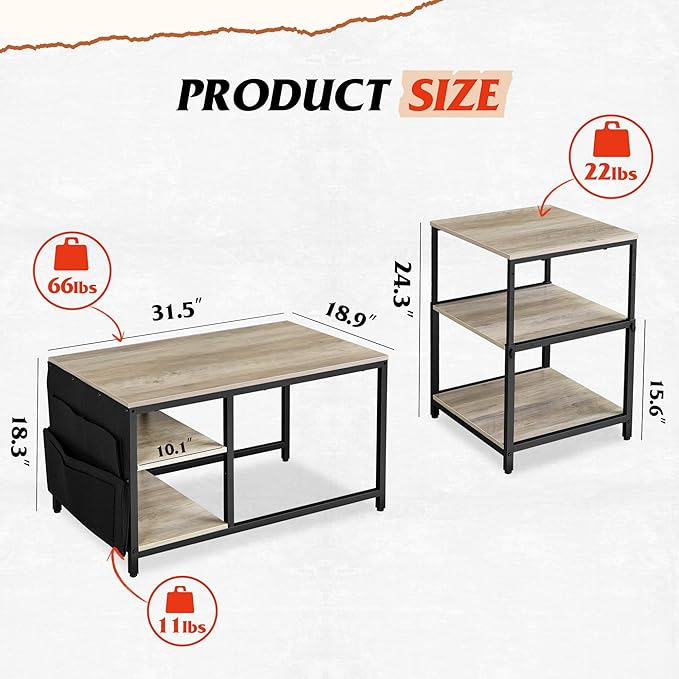 WLIVE Coffee Table, Adjustable Coffee Table Set of 2, Small End Table for Living Room, Bedroom, Grey