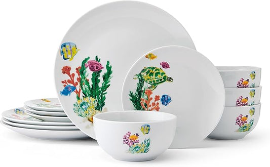 Studio Nova Coastal Ocean Underwater Life 12 Piece Dinnerware Plate Bowl Set, Service for 4