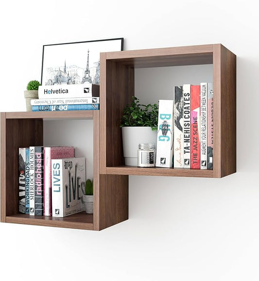 Kaboon Cube Floating Shelves Set2, Display Shelves Wall Mount 7.75" D x 12.5" W x 12.5" H, (Walnut, Square 2 Cubes)