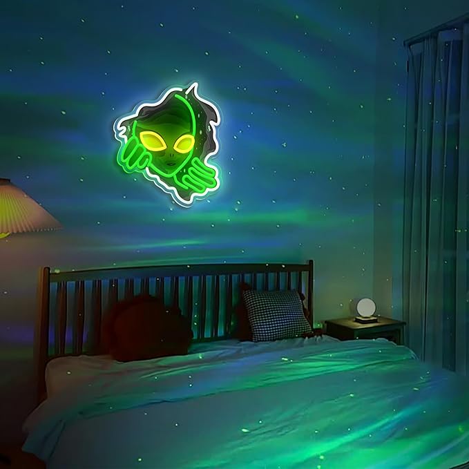 Alien Neon Sign,Dimmable Green Alien Led Neon Lights for Wall Decor Game Room Home Bar Party Bedroom Man Cave Decor,USB Powered Alien Light up Sign Gifts for Kids Teen Boy Room Decor