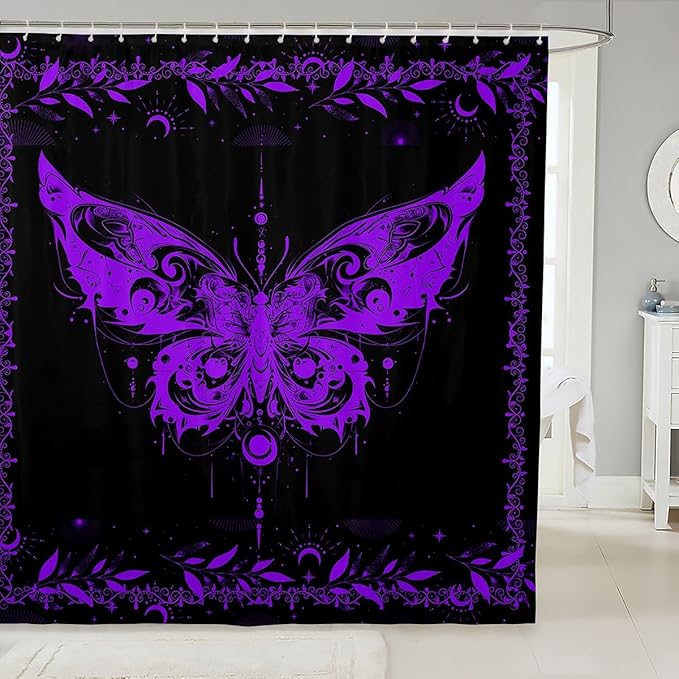 Feelyou Boho Purple Butterfly Fabric Shower Curtain Bohemian Moth Shower Curtain for Kids Boys Girls Moon Galaxy Bathroom Waterproof Accessories with 12 Hooks Black and Purple Curtains,72X72 Inches