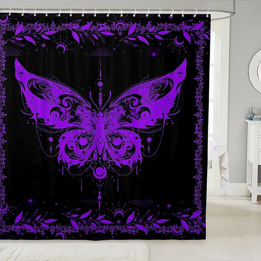 Feelyou Boho Purple Butterfly Fabric Shower Curtain Bohemian Moth Shower Curtain for Kids Boys Girls Moon Galaxy Bathroom Waterproof Accessories with 12 Hooks Black and Purple Curtains,72X72 Inches
