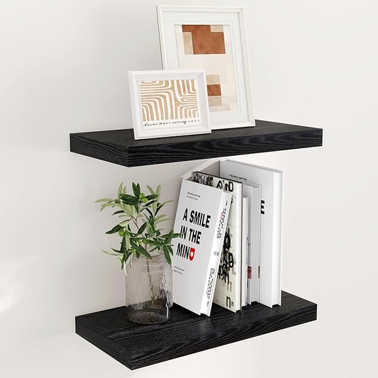 Fun Memories Black Floating Shelves, 9 Inch Deep Floating Shelves for Wall, 16" x 9" Wall Shelves Set of 2, Deep Bathroom Shelves for Home Storage, Wide Black Floating Shelf for Living Room, Kitchen