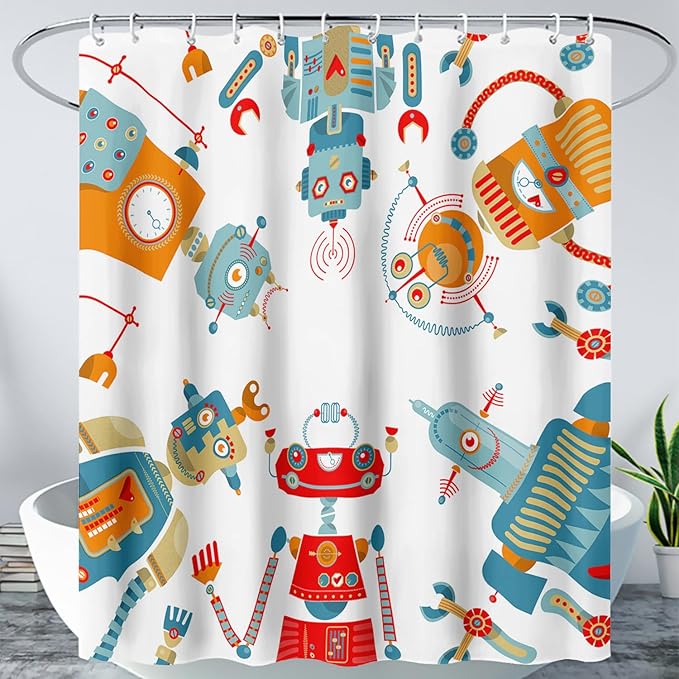 AILONEN Kawaii Robots Shower Curtain,Cartoon Robot Waterproof Fabric Shower Curtain Set for Boys Teens Kids, 72" W*78" H Watercolor Robot Bathroom Decors