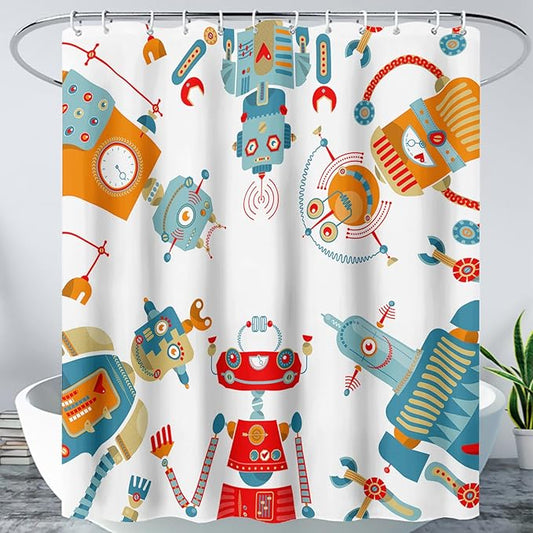 AILONEN Kawaii Robots Shower Curtain,Cartoon Robot Waterproof Fabric Shower Curtain Set for Boys Teens Kids, 72" W*84" H Watercolor Robot Bathroom Decors