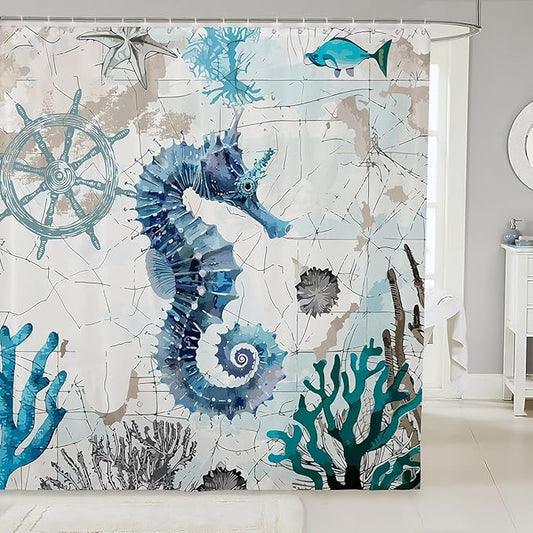 Feelyou Seahorse Fabric Shower Curtain Ocean Shower Curtain for Kids Boys Girls Marine Life Bathroom Waterproof Accessories with 12 Hooks Sea Animal Curtains,72x84 Inches