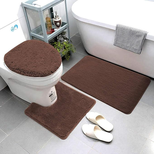 Smart Linen 3 Piece Bathroom Rug Set Includes Bath Rug, Contour Mat and Toilet Lid Cover, Machine Washable, Super Soft Microfiber & Non Slip Bath Rugs with Rubber Backing Solid (Brown/Chocolate)