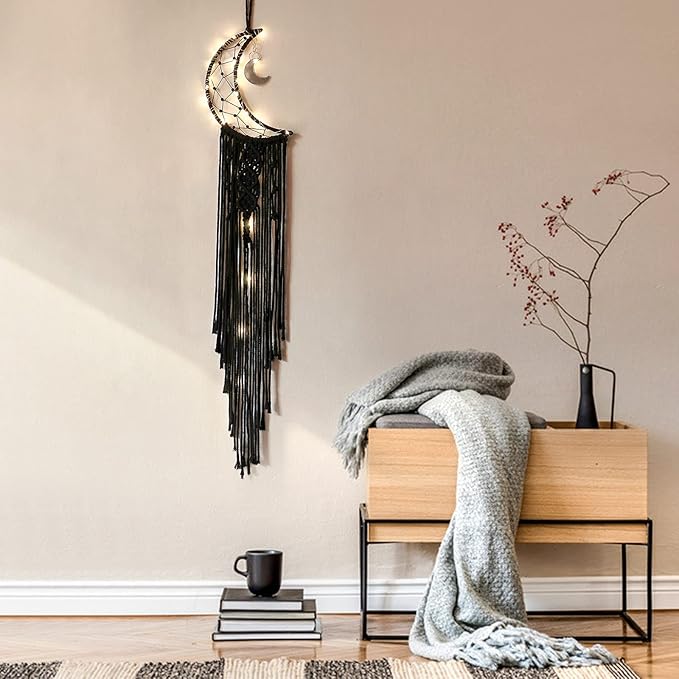 Dremisland Macrame Woven Wall Hanging Moon Dream Catcher- Boho Chic Bohemian Home Decor Wall Art Decor Beautiful Apartment Dorm Room Door Decoration (Moon-Black)