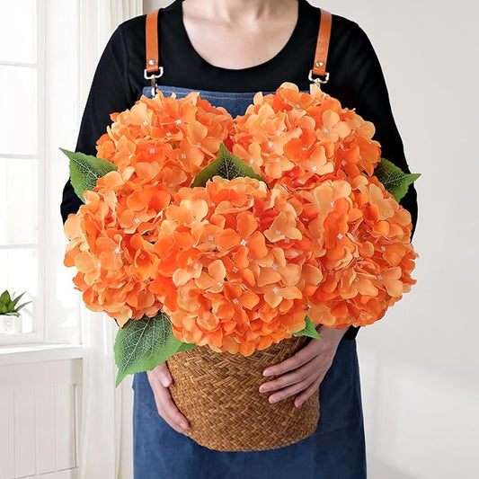5Pcs 20Inch Orange Artificial Hydrangeas, Full Silk Flower Heads with Stem, Halloween Fake Hydrangea Flowers for Wedding Home Garden Centerpiece Floral Arrangements