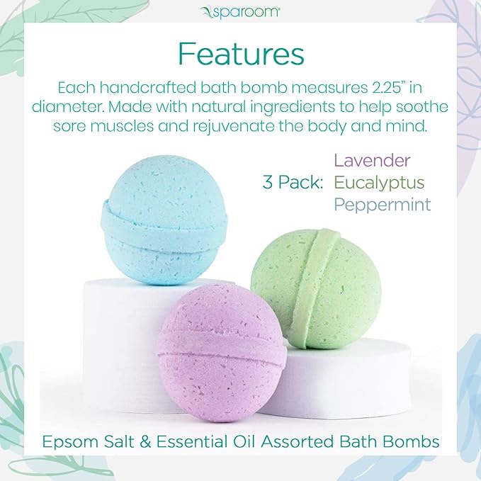 SpaRoom Soothe and Relax Handmade Natural Essential Oil Aromatherapy Bath Bombs, Set of 3, Lavender, Eucalyptus and Peppermint